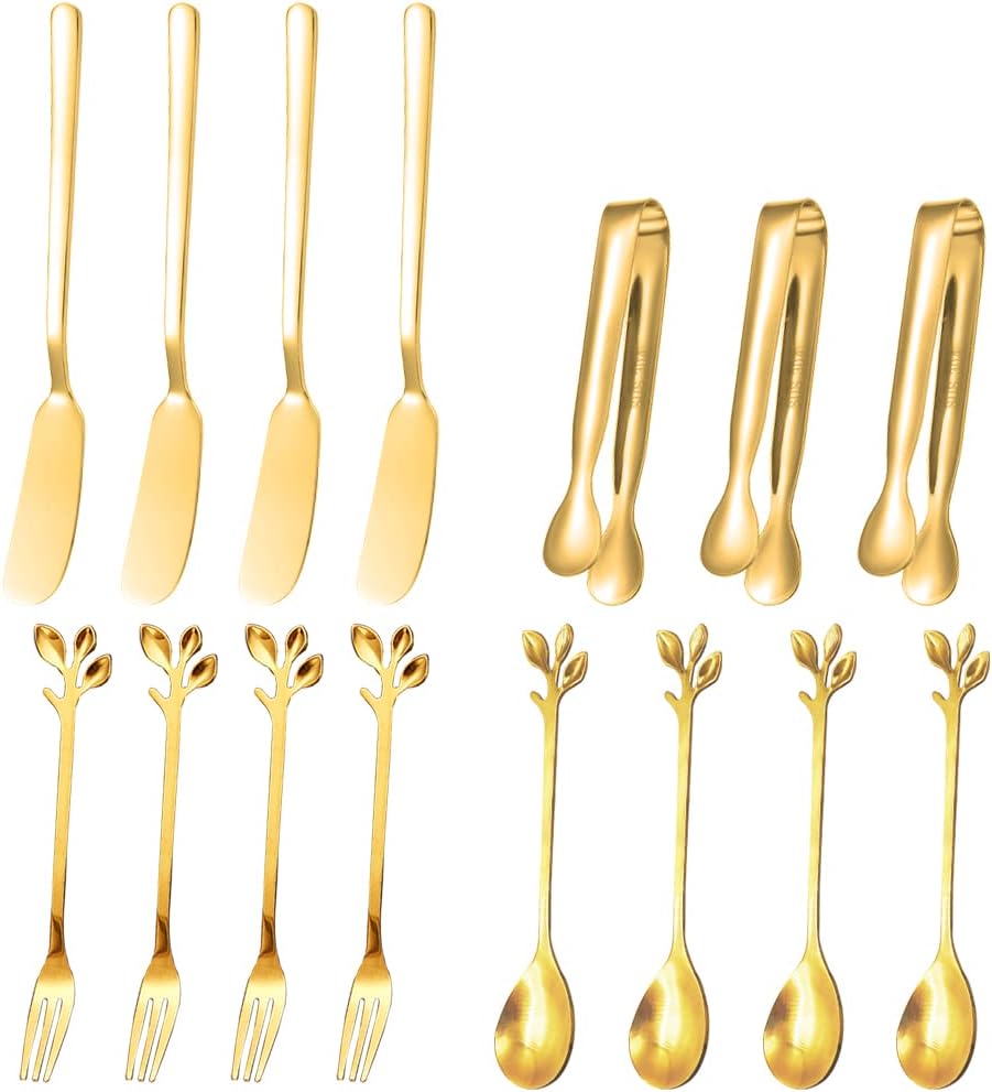 15-Piece Gold Stainless Steel Cheese Butter Jam Spreader Set, Includes Butter Knives, Wheat-Design Forks & Spoons, Cake Clips for Butter, Pastry Making and Eating