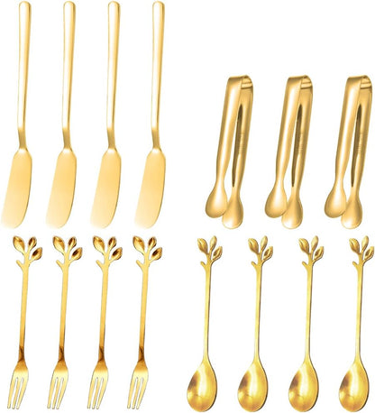 15-Piece Gold Stainless Steel Cheese Butter Jam Spreader Set, Includes Butter Knives, Wheat-Design Forks & Spoons, Cake Clips for Butter, Pastry Making and Eating