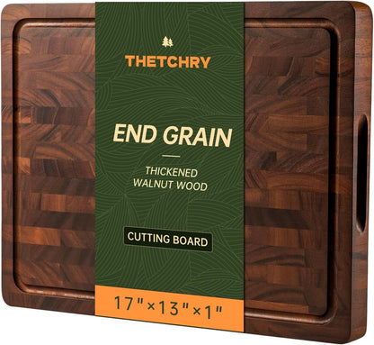 Walnut Cutting Boards for Kitchen, End Grain Wooden Cutting Board, Large Chopping Board Double Sided with Handle, Thick Butcher Block Charcuterie Meal Prep & Serving with Gift Box, 17"×13"×1"