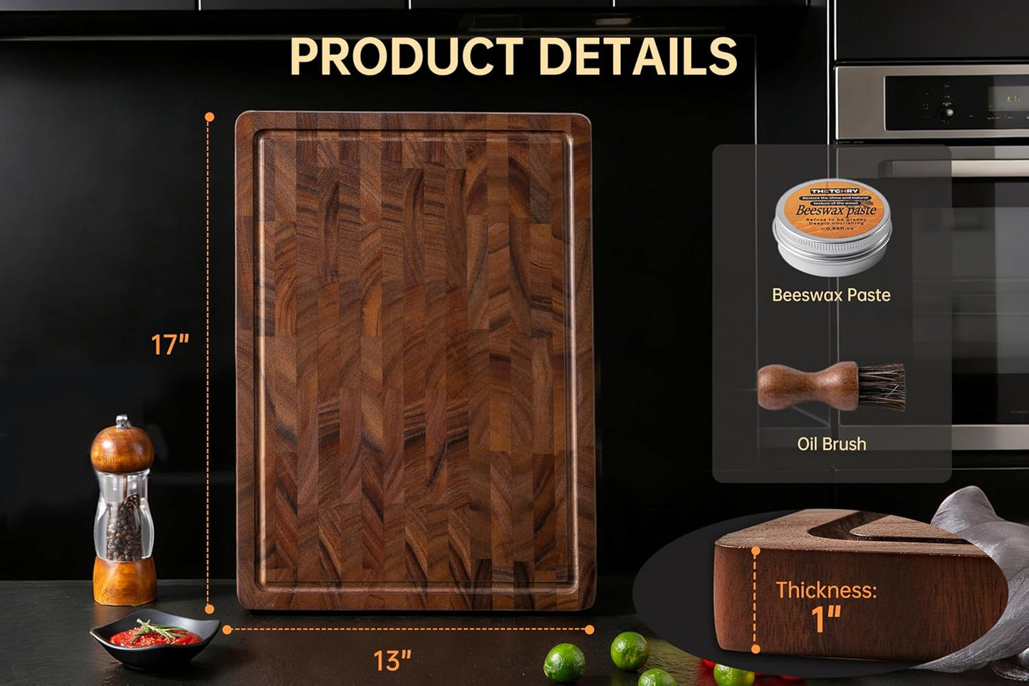 Walnut Cutting Boards for Kitchen, End Grain Wooden Cutting Board, Large Chopping Board Double Sided with Handle, Thick Butcher Block Charcuterie Meal Prep & Serving with Gift Box, 17"×13"×1"