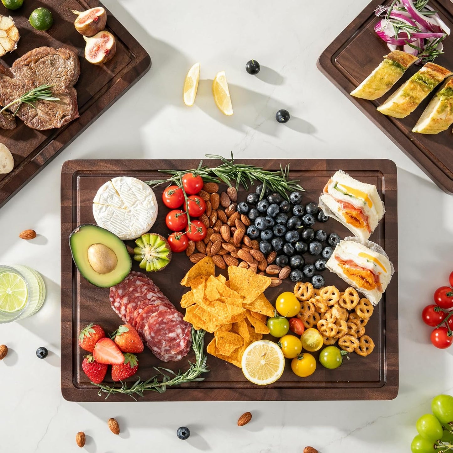 Walnut Cutting Boards for Kitchen, End Grain Wooden Cutting Board, Large Chopping Board Double Sided with Handle, Thick Butcher Block Charcuterie Meal Prep & Serving with Gift Box, 17"×13"×1"