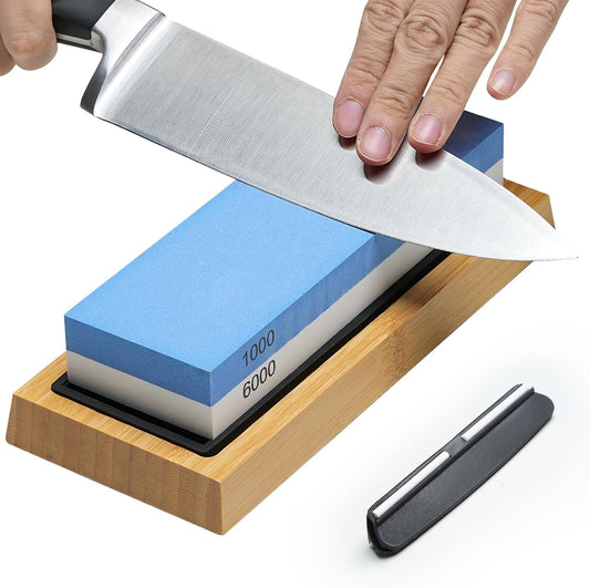 Premium Whetstone Knife Sharpening System – 1000/6000 Grit | Whetstone Knife Sharpener Kit with Angle Guide & Non-Slip Bamboo Base