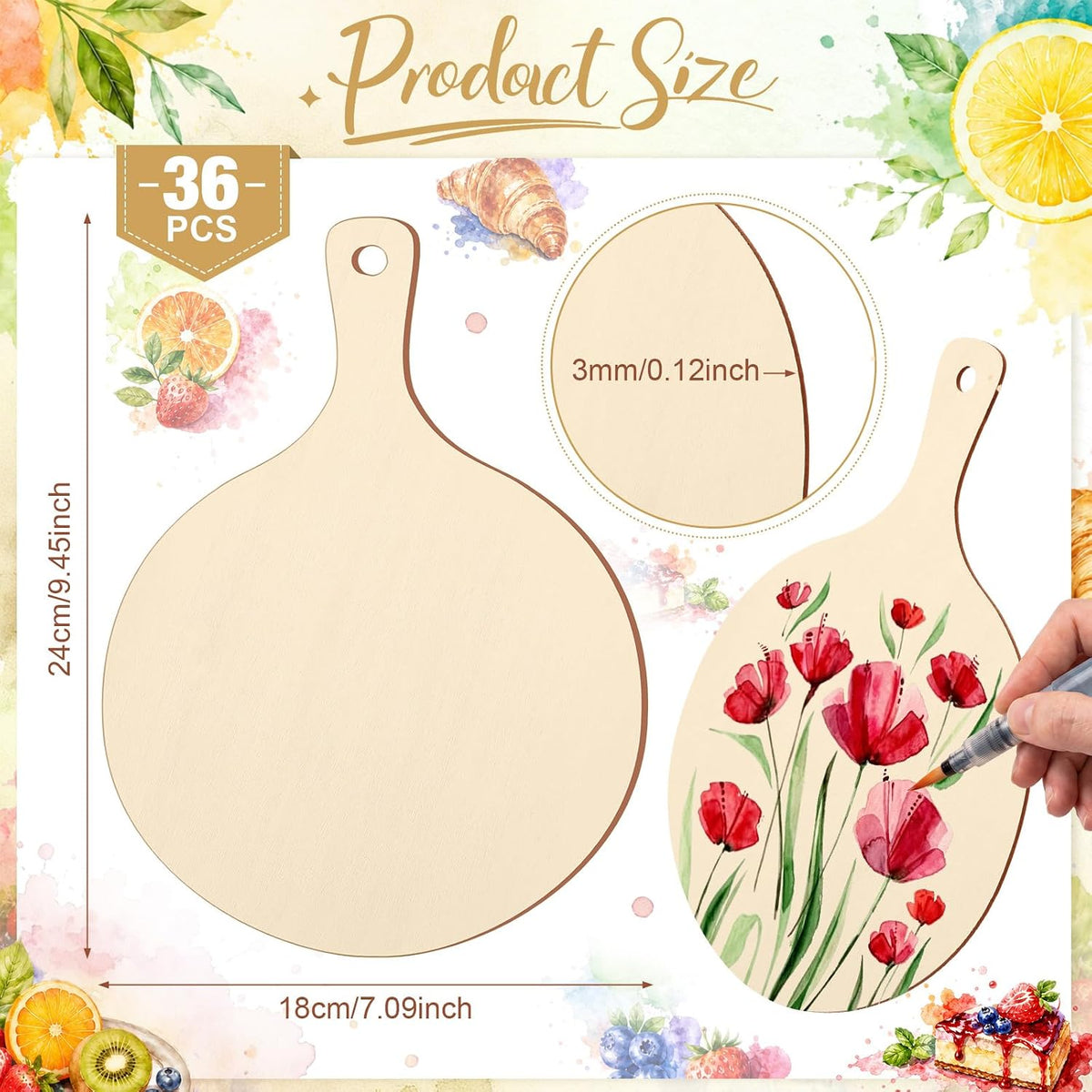 36 Pcs Wooden Mini Cutting Board with Handle Unfinished Wood Craft Mini Charcuterie Boards Paddle Blank Small Chopping Plank for DIY Kitchen Cooking Vegetables Decor(9.4 x 5.1 Inch,Rectangle)