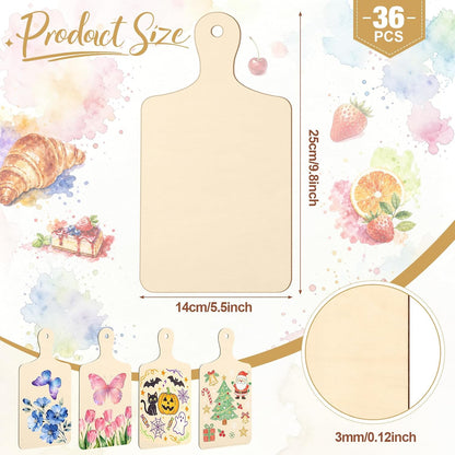 36 Pcs Wooden Mini Cutting Board with Handle Unfinished Wood Craft Mini Charcuterie Boards Paddle Blank Small Chopping Plank for DIY Kitchen Cooking Vegetables Decor(9.4 x 5.1 Inch,Rectangle)