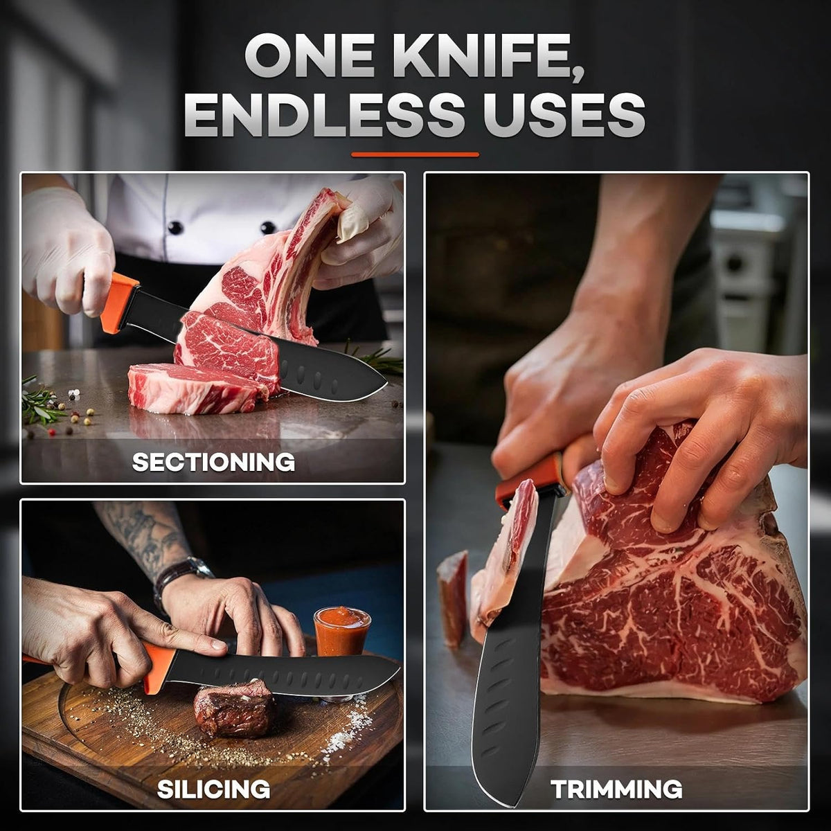 Huusk Butcher Knife for Meat - 8" Granton Egde Bullnose Breaking Non‑Slip