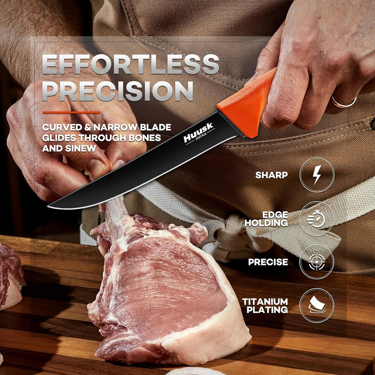 Huusk Butcher Knife for Meat - 8" Granton Egde Bullnose Breaking Non‑Slip
