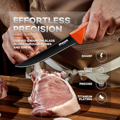 Huusk Butcher Knife for Meat - 8" Granton Egde Bullnose Breaking Non‑Slip