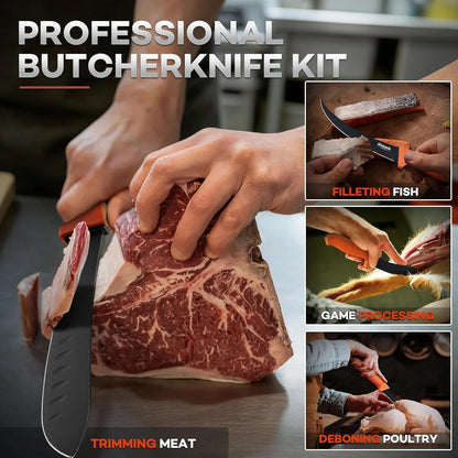 Huusk Butcher Knife for Meat - 8" Granton Egde Bullnose Breaking Non‑Slip