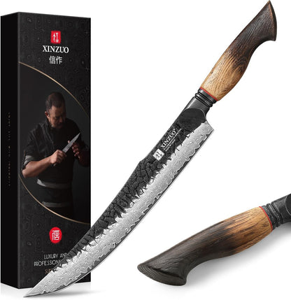 10 Inch Brisket Carving Knife，67-Layer Damascus Steel，Razor Sharp Curved Butcher Breaking Knives For Meat Cutting With White Oak + Red G10 Gasket Handle