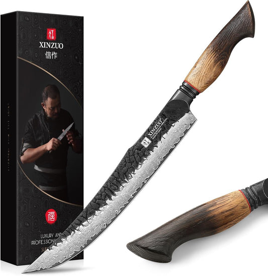 10 Inch Brisket Carving Knife，67-Layer Damascus Steel，Razor Sharp Curved Butcher Breaking Knives For Meat Cutting With White Oak + Red G10 Gasket Handle