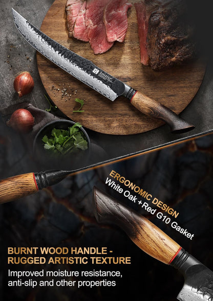 10 Inch Brisket Carving Knife，67-Layer Damascus Steel，Razor Sharp Curved Butcher Breaking Knives For Meat Cutting With White Oak + Red G10 Gasket Handle