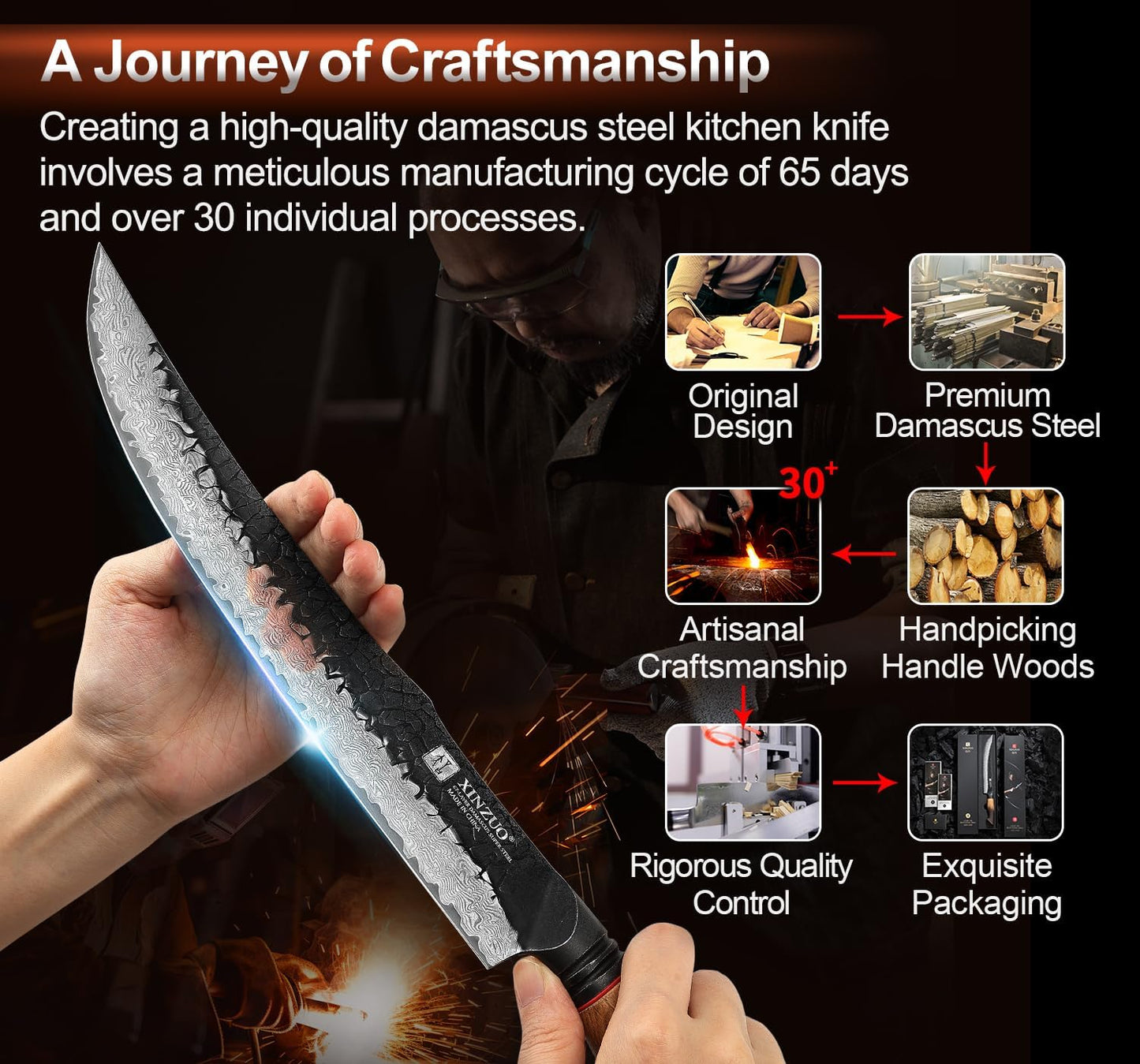 10 Inch Brisket Carving Knife，67-Layer Damascus Steel，Razor Sharp Curved Butcher Breaking Knives For Meat Cutting With White Oak + Red G10 Gasket Handle