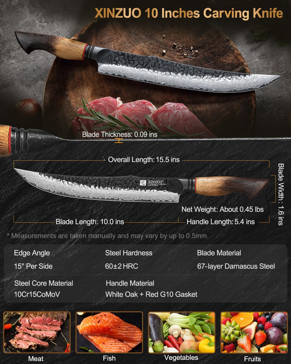 10 Inch Brisket Carving Knife，67-Layer Damascus Steel，Razor Sharp Curved Butcher Breaking Knives For Meat Cutting With White Oak + Red G10 Gasket Handle