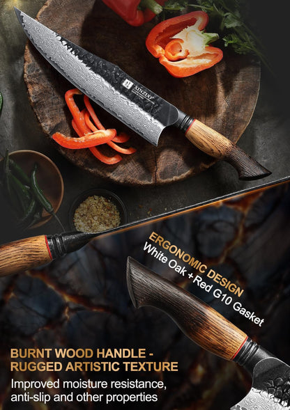10 Inch Brisket Carving Knife，67-Layer Damascus Steel，Razor Sharp Curved Butcher Breaking Knives For Meat Cutting With White Oak + Red G10 Gasket Handle
