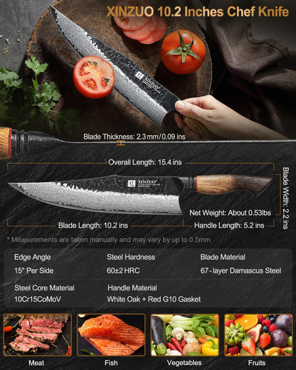 10 Inch Brisket Carving Knife，67-Layer Damascus Steel，Razor Sharp Curved Butcher Breaking Knives For Meat Cutting With White Oak + Red G10 Gasket Handle