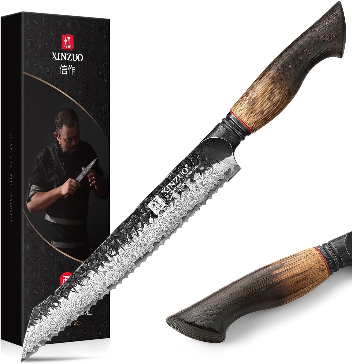 10 Inch Brisket Carving Knife，67-Layer Damascus Steel，Razor Sharp Curved Butcher Breaking Knives For Meat Cutting With White Oak + Red G10 Gasket Handle