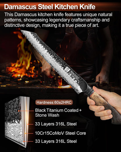 10 Inch Brisket Carving Knife，67-Layer Damascus Steel，Razor Sharp Curved Butcher Breaking Knives For Meat Cutting With White Oak + Red G10 Gasket Handle