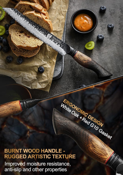 10 Inch Brisket Carving Knife，67-Layer Damascus Steel，Razor Sharp Curved Butcher Breaking Knives For Meat Cutting With White Oak + Red G10 Gasket Handle