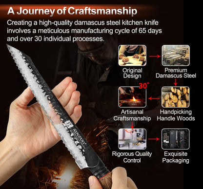 10 Inch Brisket Carving Knife，67-Layer Damascus Steel，Razor Sharp Curved Butcher Breaking Knives For Meat Cutting With White Oak + Red G10 Gasket Handle