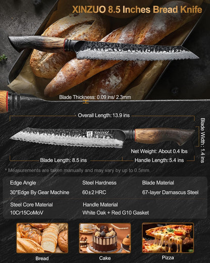 10 Inch Brisket Carving Knife，67-Layer Damascus Steel，Razor Sharp Curved Butcher Breaking Knives For Meat Cutting With White Oak + Red G10 Gasket Handle