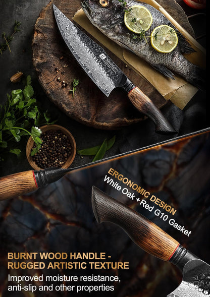 10 Inch Brisket Carving Knife，67-Layer Damascus Steel，Razor Sharp Curved Butcher Breaking Knives For Meat Cutting With White Oak + Red G10 Gasket Handle