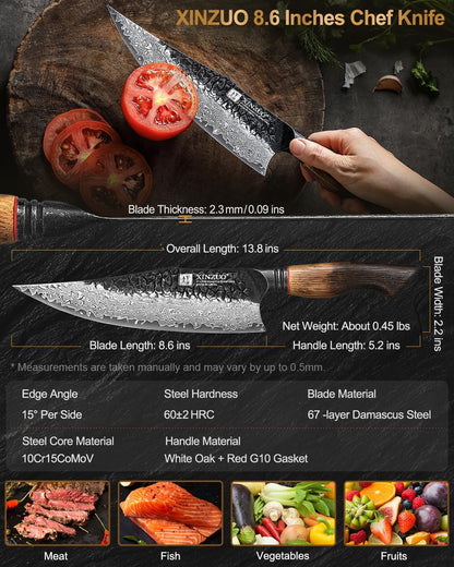 10 Inch Brisket Carving Knife，67-Layer Damascus Steel，Razor Sharp Curved Butcher Breaking Knives For Meat Cutting With White Oak + Red G10 Gasket Handle