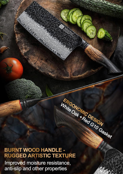 10 Inch Brisket Carving Knife，67-Layer Damascus Steel，Razor Sharp Curved Butcher Breaking Knives For Meat Cutting With White Oak + Red G10 Gasket Handle