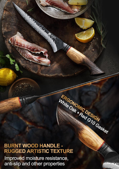 10 Inch Brisket Carving Knife，67-Layer Damascus Steel，Razor Sharp Curved Butcher Breaking Knives For Meat Cutting With White Oak + Red G10 Gasket Handle