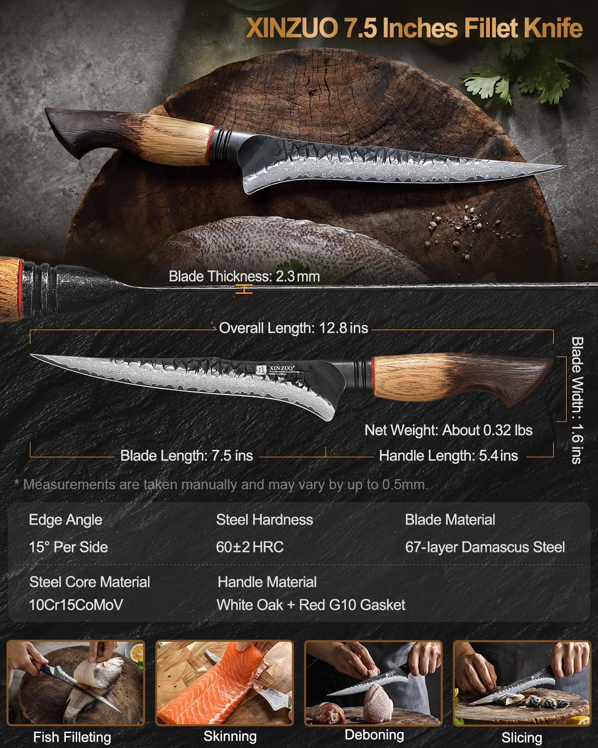 10 Inch Brisket Carving Knife，67-Layer Damascus Steel，Razor Sharp Curved Butcher Breaking Knives For Meat Cutting With White Oak + Red G10 Gasket Handle