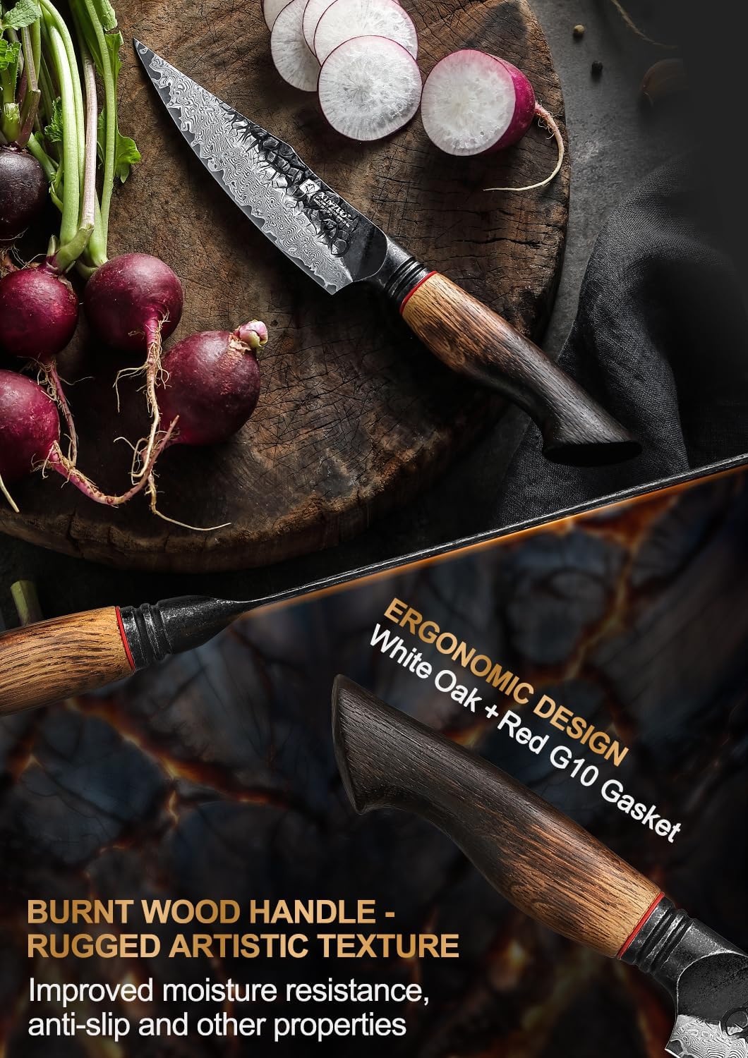 10 Inch Brisket Carving Knife，67-Layer Damascus Steel，Razor Sharp Curved Butcher Breaking Knives For Meat Cutting With White Oak + Red G10 Gasket Handle