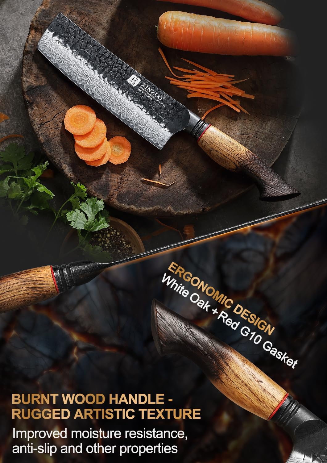 10 Inch Brisket Carving Knife，67-Layer Damascus Steel，Razor Sharp Curved Butcher Breaking Knives For Meat Cutting With White Oak + Red G10 Gasket Handle