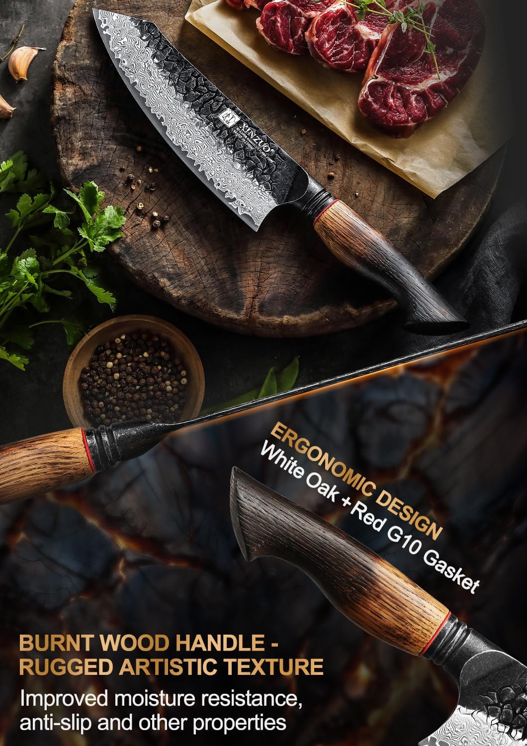 10 Inch Brisket Carving Knife，67-Layer Damascus Steel，Razor Sharp Curved Butcher Breaking Knives For Meat Cutting With White Oak + Red G10 Gasket Handle