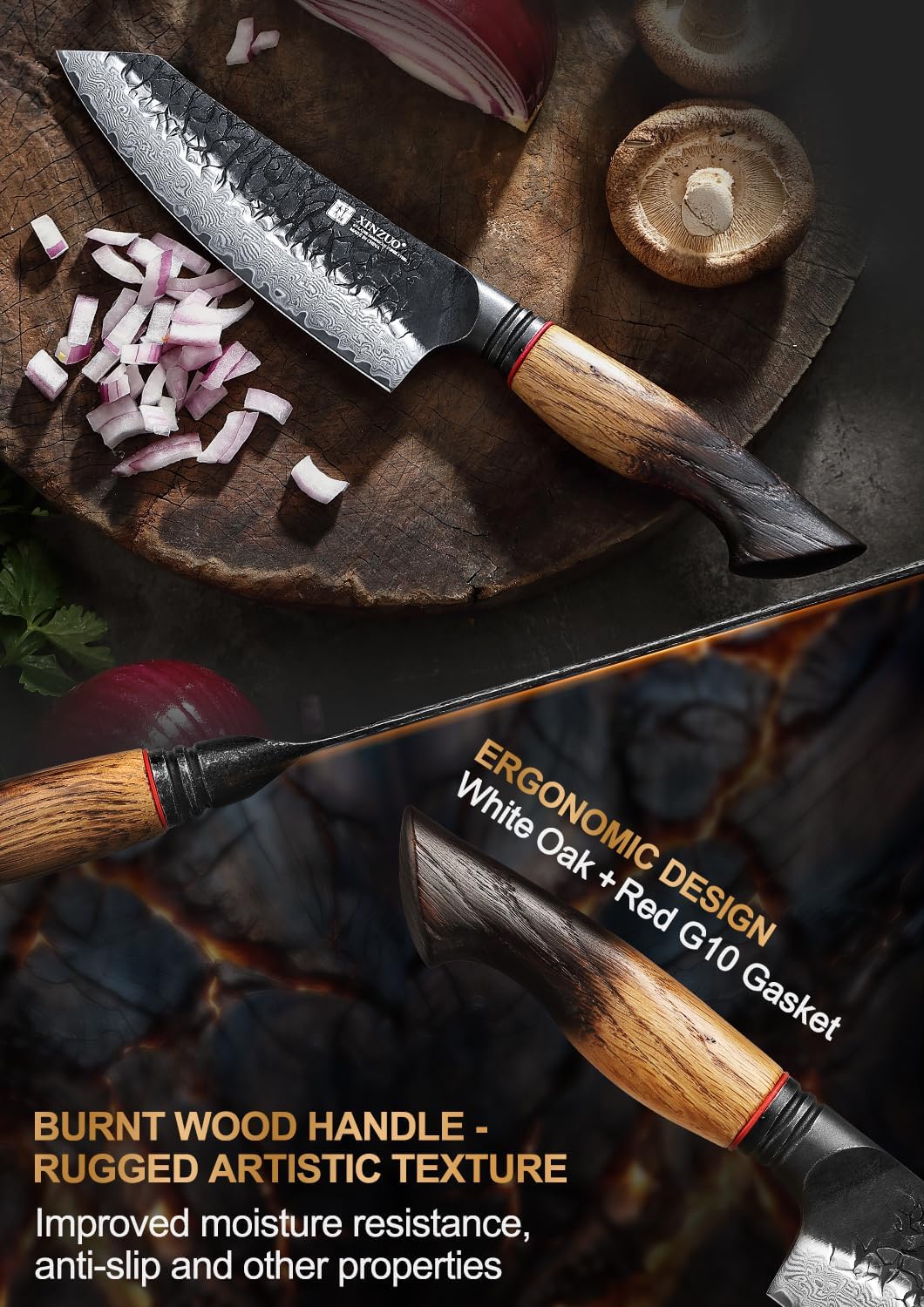 10 Inch Brisket Carving Knife，67-Layer Damascus Steel，Razor Sharp Curved Butcher Breaking Knives For Meat Cutting With White Oak + Red G10 Gasket Handle