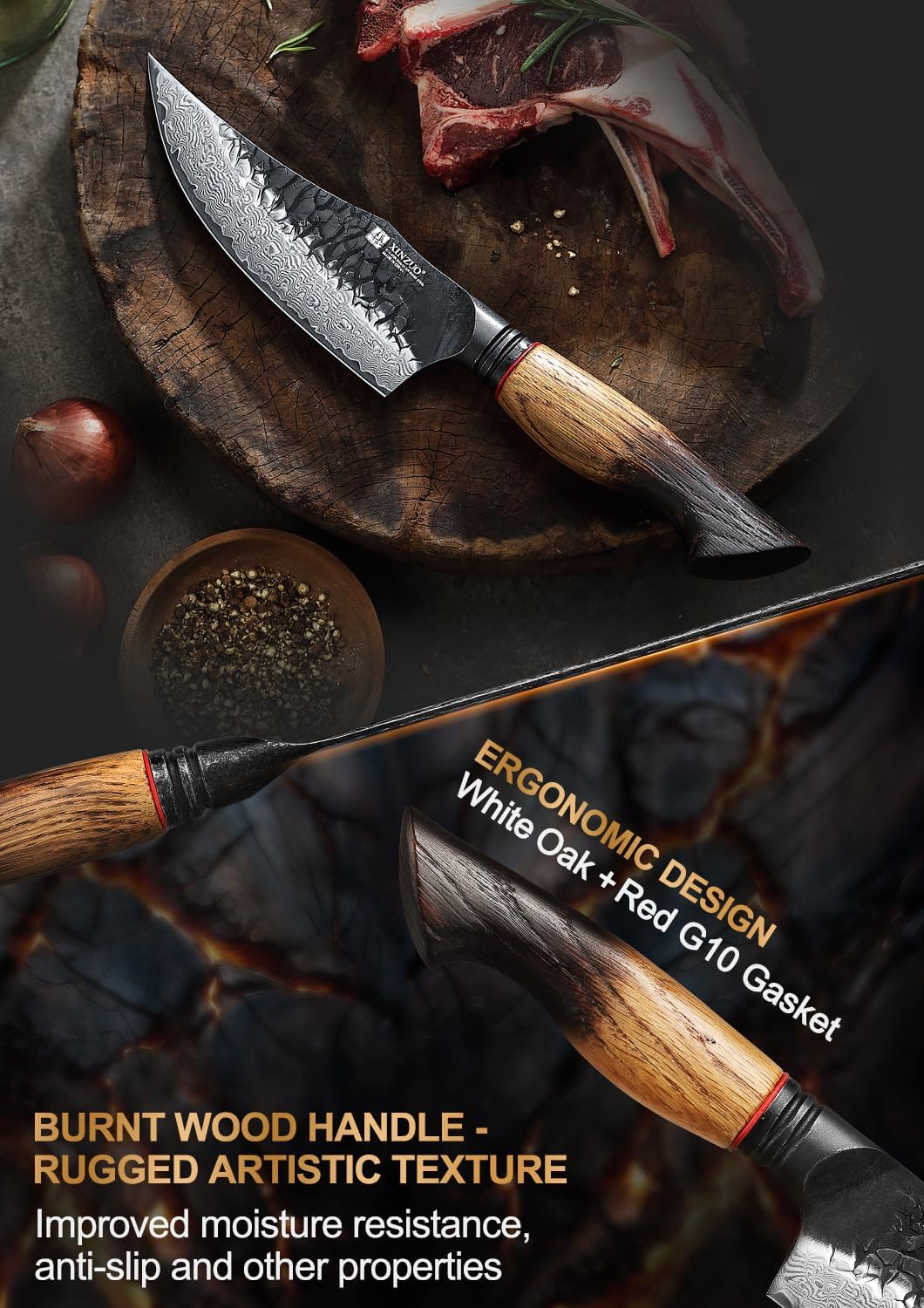 10 Inch Brisket Carving Knife，67-Layer Damascus Steel，Razor Sharp Curved Butcher Breaking Knives For Meat Cutting With White Oak + Red G10 Gasket Handle