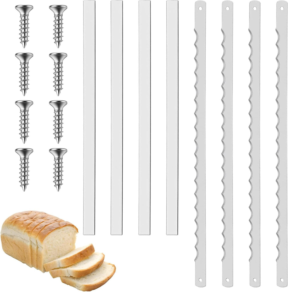 8 Pack Bread Knife Blades Replacement, 10.75" Serrated Stainless Steel Bread Slicer Blades with Safety Guards and Screws, DIY Bread Lame Cutter Blades for Homemade Sourdough Cakes