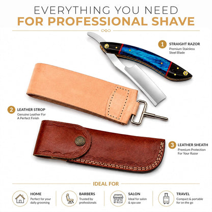 Professional straight razor with leather strop | 100% Stainless Steel
