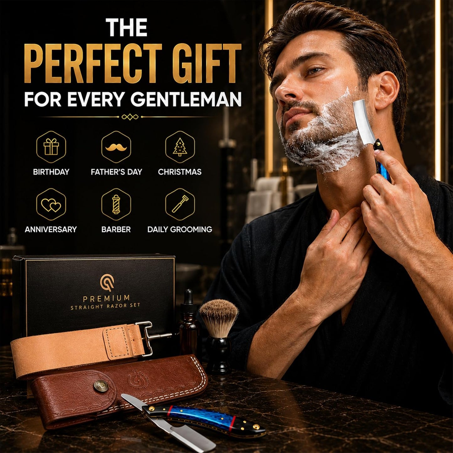 Professional straight razor with leather strop | 100% Stainless Steel