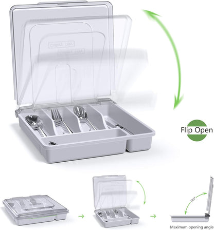 Utensil Holder for Countertop with Lid, Plastic Silverware Tray for Drawer, 5 Compartments Flatware Organizer, White
