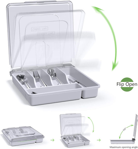 Utensil Holder for Countertop with Lid, Plastic Silverware Tray for Drawer, 5 Compartments Flatware Organizer, White