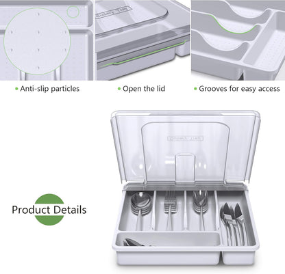 Utensil Holder for Countertop with Lid, Plastic Silverware Tray for Drawer, 5 Compartments Flatware Organizer, White