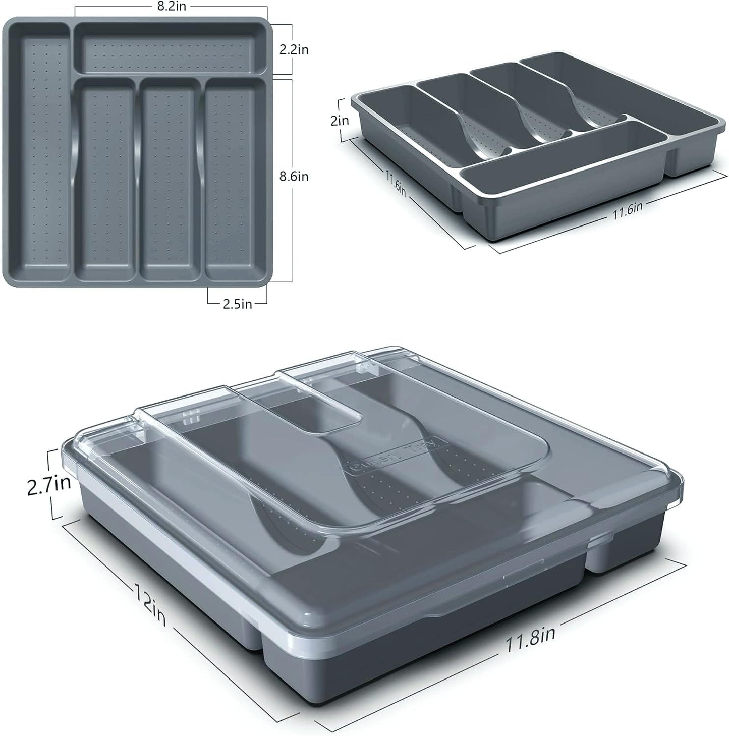 Utensil Holder for Countertop with Lid, Plastic Silverware Tray for Drawer, 5 Compartments Flatware Organizer, White