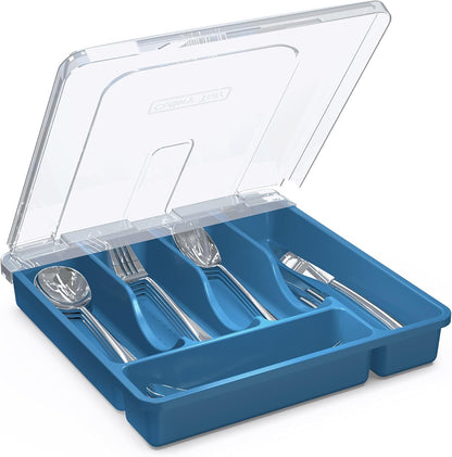 Utensil Holder for Countertop with Lid, Plastic Silverware Tray for Drawer, 5 Compartments Flatware Organizer, White