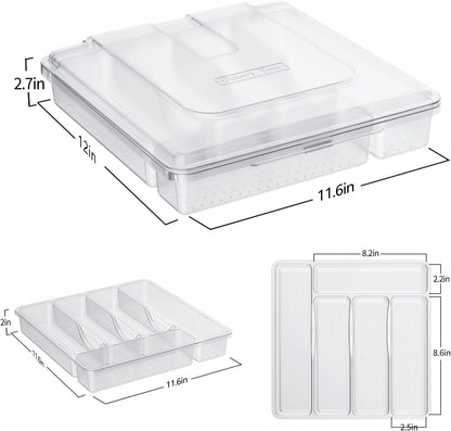 Utensil Holder for Countertop with Lid, Plastic Silverware Tray for Drawer, 5 Compartments Flatware Organizer, White