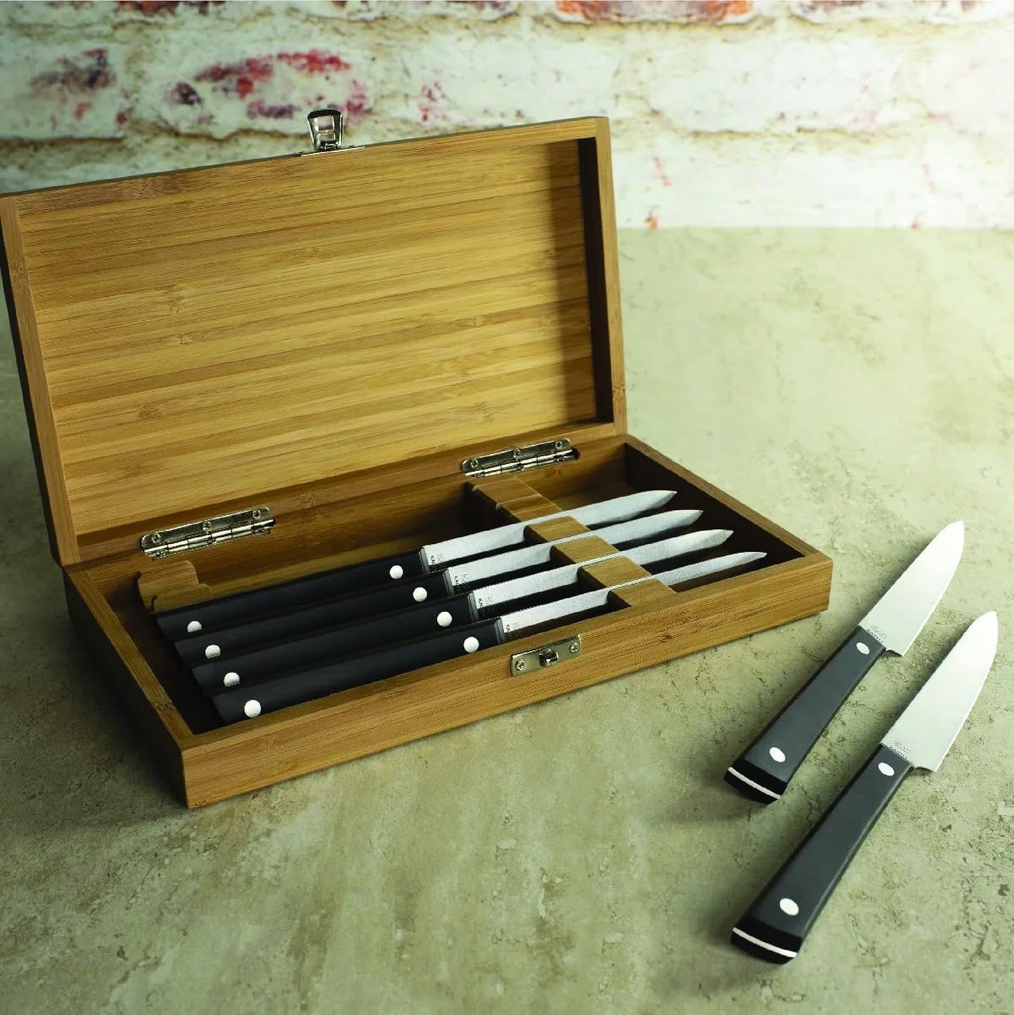 Steak Knife Set, 6 Piece, 5.25" Steak Knives, Handcrafted Japanese Knife Set, Japanese 420J2 Stainless Steel Blades, Full-Tang POM Handles