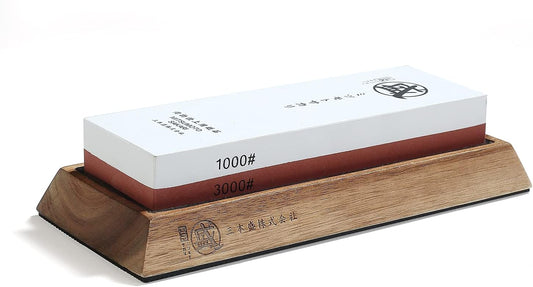 Professional Japanese 1000/3000 Grit Sharpening Stone | Sharpening and Honing, White Corundum Whetstone, Controlled Water Absorption, Bamboo Base, Kraft Box