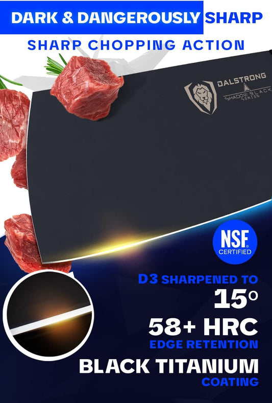 Meat Cleaver Knife-7"-Shadow Black Series-Titanium Nitride Coated-High Carbon Vacuum Treated Steel-Razor Sharp Kitchen Knife Gift-Sheath-NSF Certified