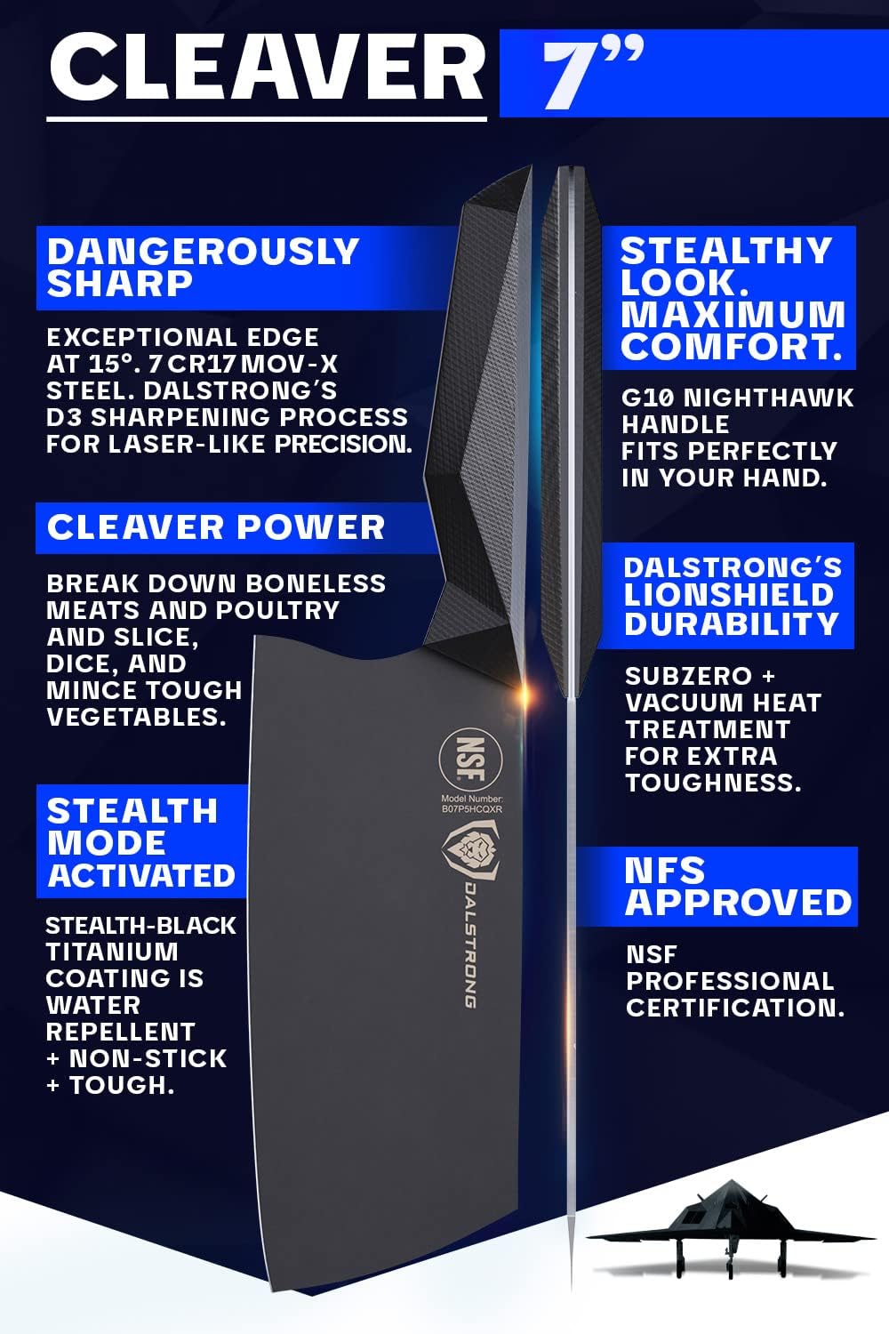Meat Cleaver Knife-7"-Shadow Black Series-Titanium Nitride Coated-High Carbon Vacuum Treated Steel-Razor Sharp Kitchen Knife Gift-Sheath-NSF Certified