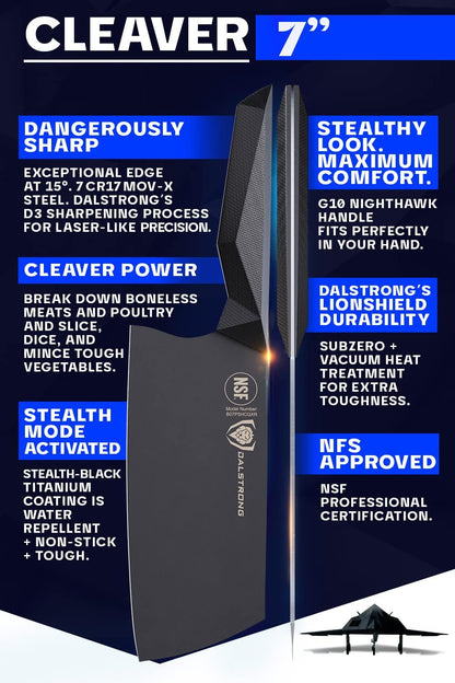 Meat Cleaver Knife-7"-Shadow Black Series-Titanium Nitride Coated-High Carbon Vacuum Treated Steel-Razor Sharp Kitchen Knife Gift-Sheath-NSF Certified