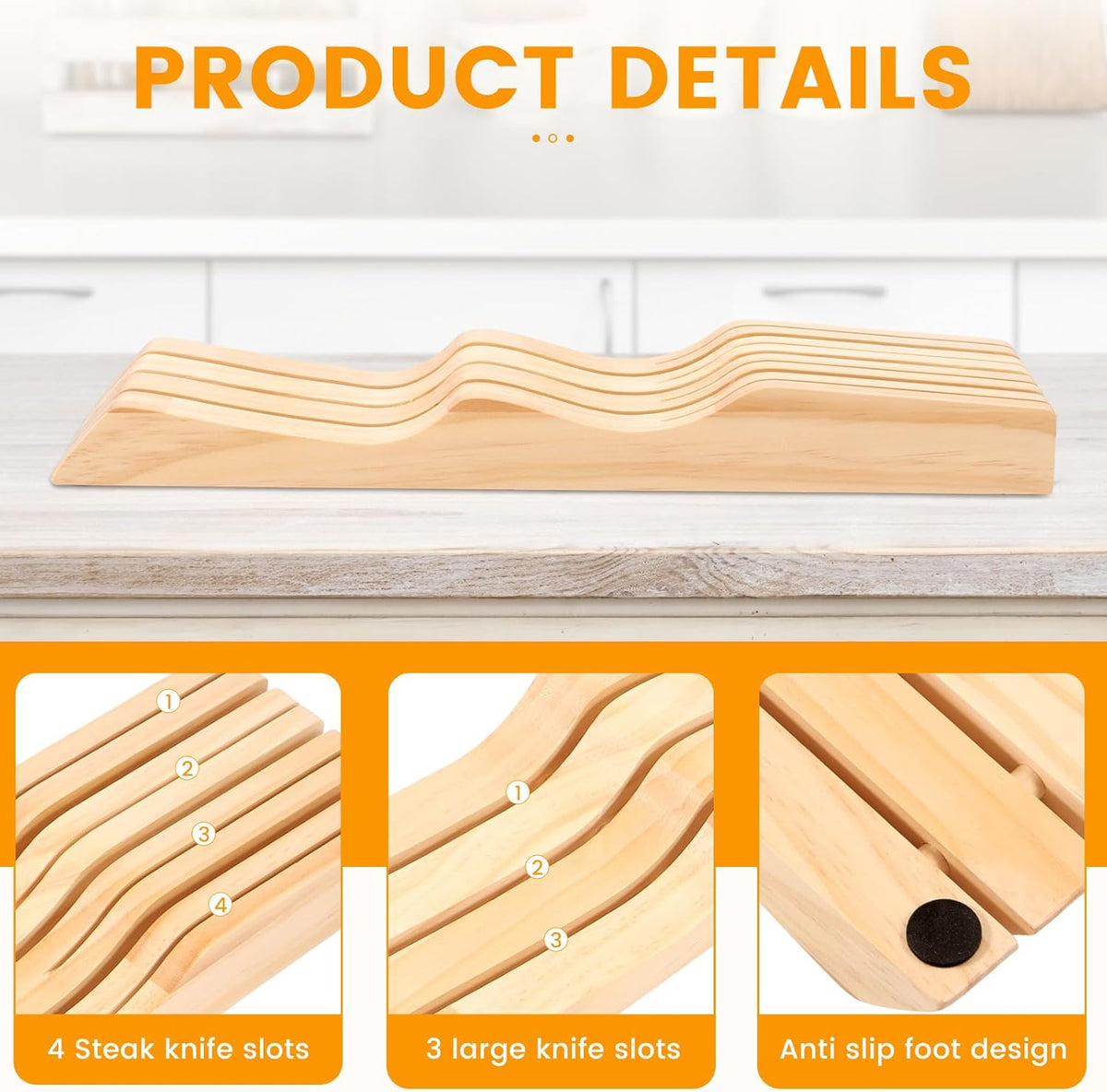 Knife Block Holder Organizer, Compatible Compact Knife Drawer Organizer, Sturdy Versatile Meat Cutting Tool Holder for Putting Tool(Log color,4 pieces)