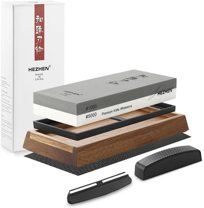 Extra Large Double-sided White Corundum Whetstone Knife Sharpening Stone Grit 1000/5000 Waterstone- 7.9x3.1x1.2 inch Knife Sharpener- Non-slip Acacia Wood Base & Flattening stone & Angle Guide